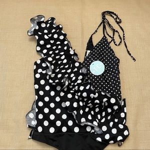 Tea & Cup B&W Polka Dot Cotton Ruffle Lined Spaghetti Strap Bodysuit